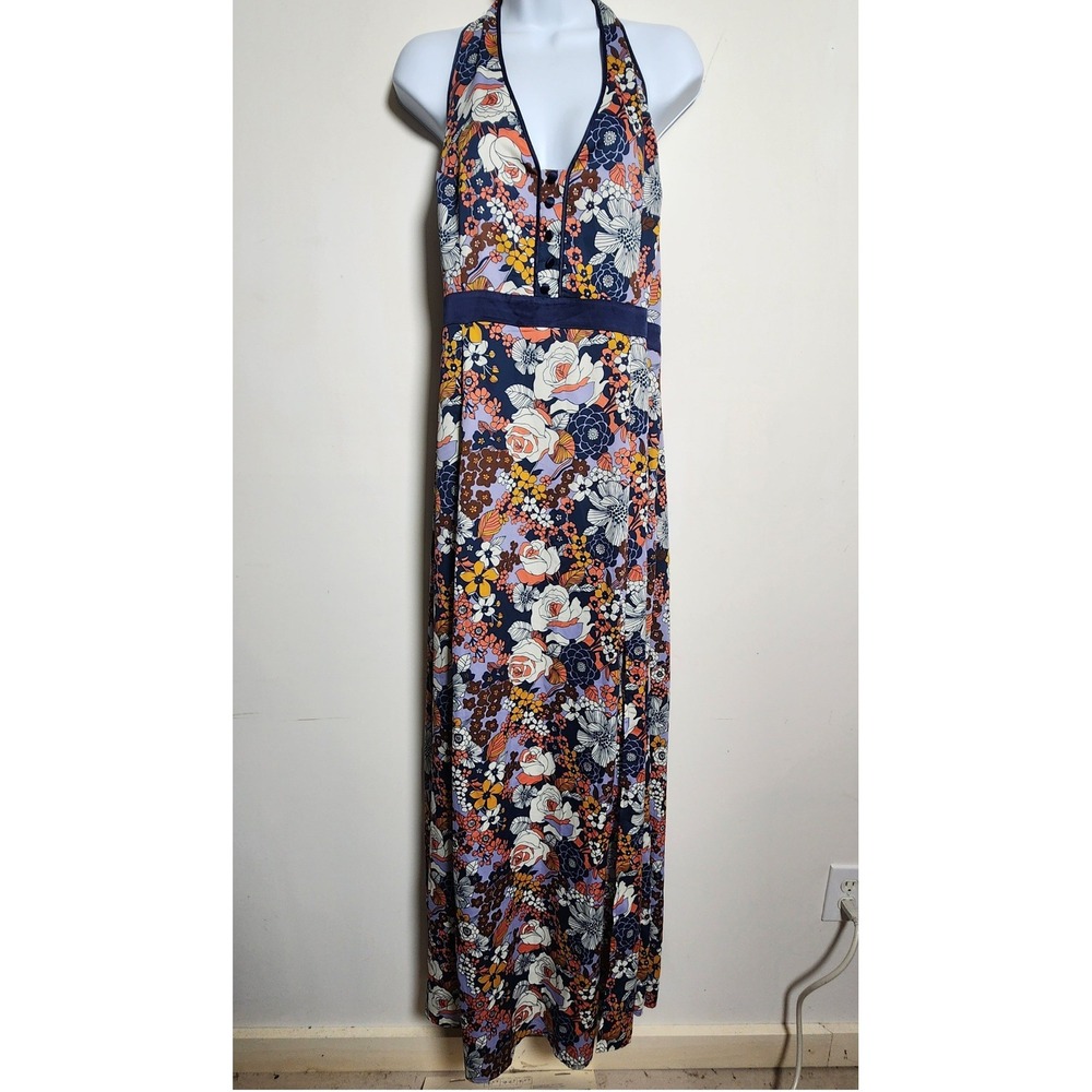 Modcloth Navy & Rust Floral Halter Maxi Dress Sz 12 Side Zip Adjustable Tie Neck